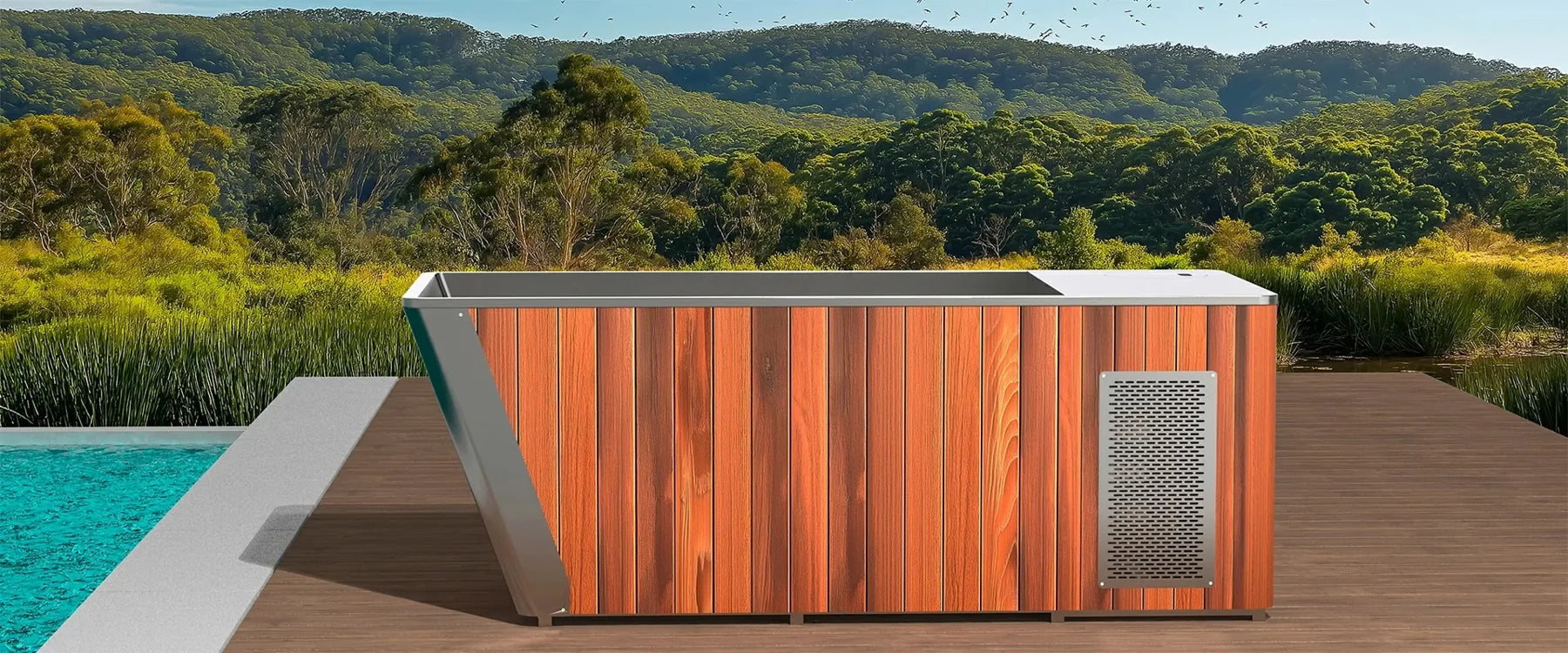 G5 ice bath with timber decking and a green landscape
