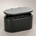 Peakspan RLL-CQ01B inflatable cold plunge tub in black with the insulated lid lifted, showing the interior
