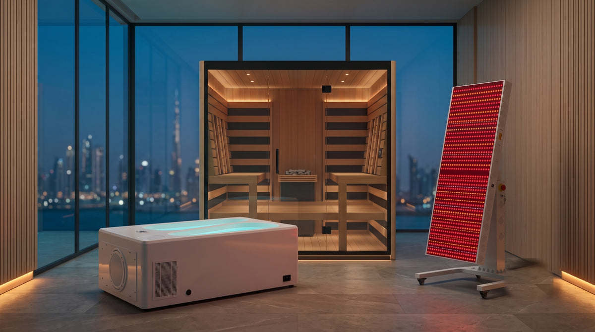 Luxury Set — true-scale group shot: white two-person ice bath (206 cm), 4-person light-walnut hybrid sauna (216 cm), RLPRO2000L red-light panel on stand (192 cm) in a Dubai penthouse spa
