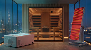 Luxury Set — white two-person ice bath, 4-person hybrid sauna and red light panel on motorized stand in a Dubai penthouse spa, Peakspan