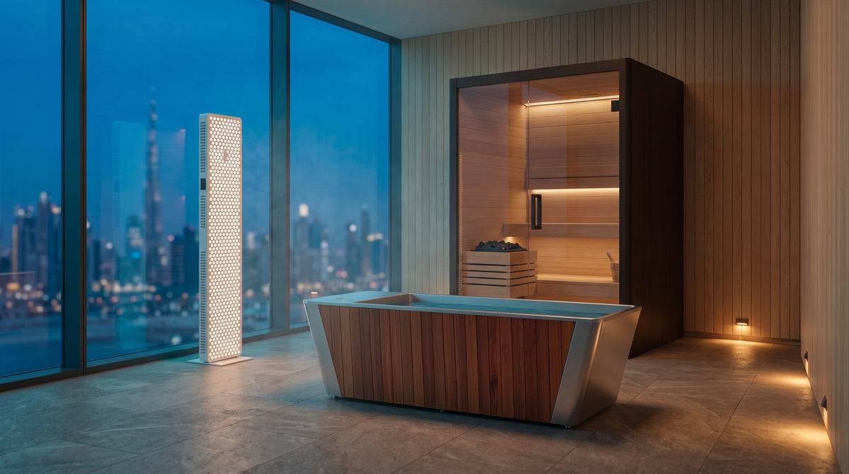 Performance Set — cedar plunge, 2-person Finnish sauna and red light bar, Peakspan