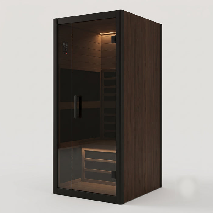 SN-96121(AU)-900 one-person infrared sauna — dark bronze smoked glass front, espresso walnut cabin