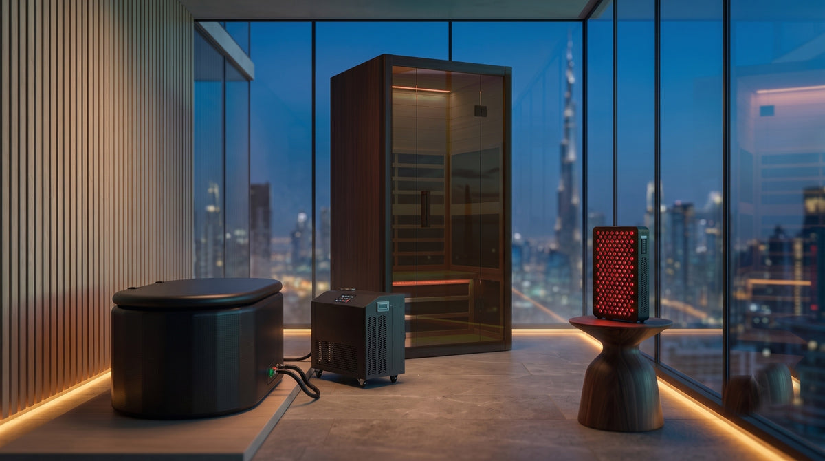 Starter Set — dark-glass infrared sauna, inflatable ice bath, 1HP chiller and red-light panel in a Dubai penthouse spa