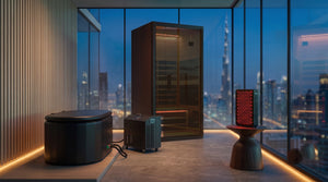 Starter Set — dark-glass infrared sauna, inflatable ice bath, 1HP chiller and red-light panel in a Dubai penthouse spa