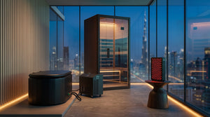 Starter Set — inflatable plunge tub, 1.0HP chiller, 1-person sauna and red light panel in a Dubai penthouse spa, Peakspan