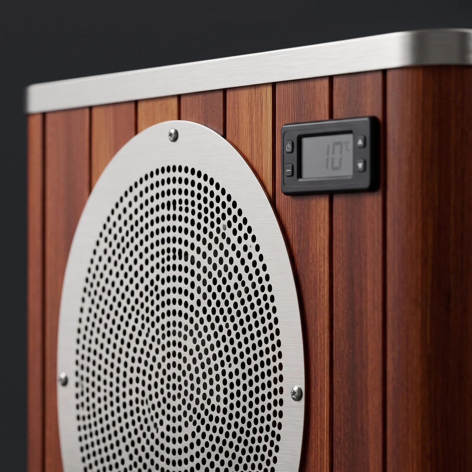 Stainless steel, wood grain, fan grille and controls on the G5 ice bath