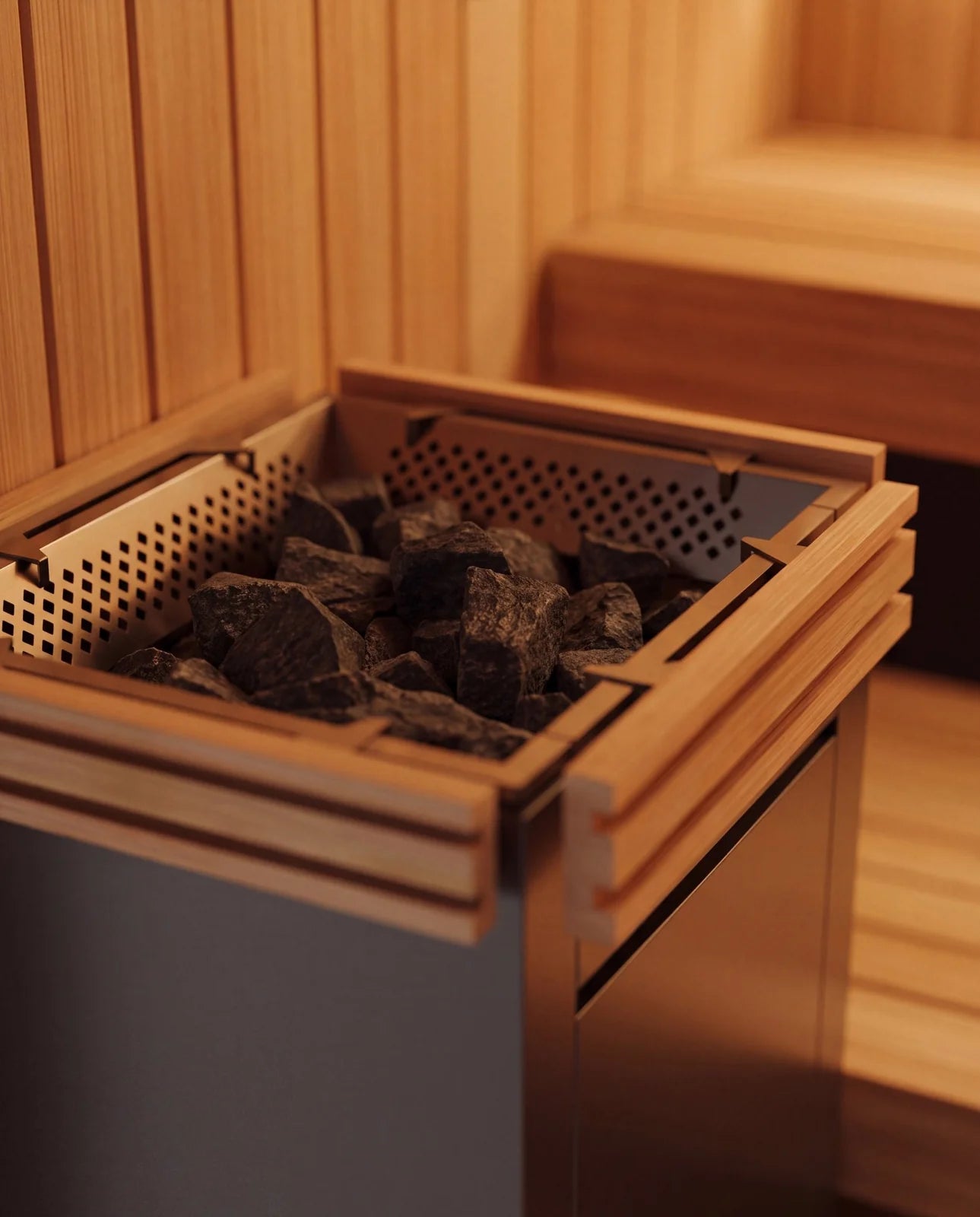 Warm timber and sauna heater detail