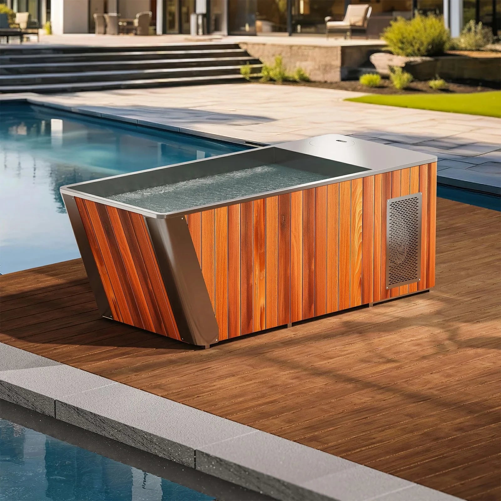 G5 wood and stainless ice bath on a sunlit terrace