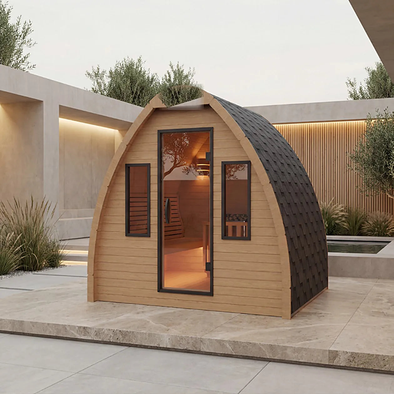 Peakspan Chloe curved outdoor sauna cabin with shingled roof