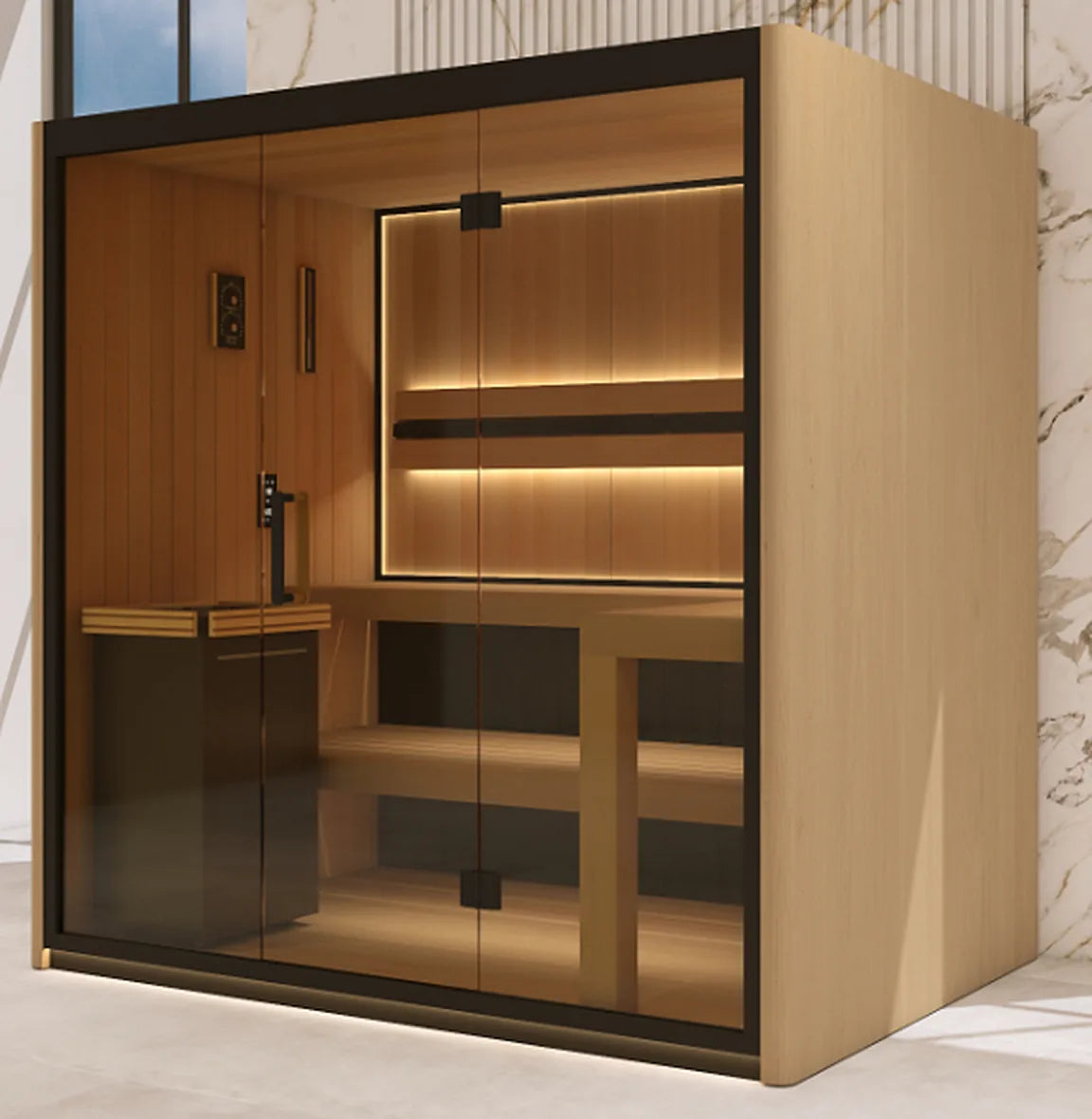 Peakspan Duo hybrid sauna cabin in light walnut veneer