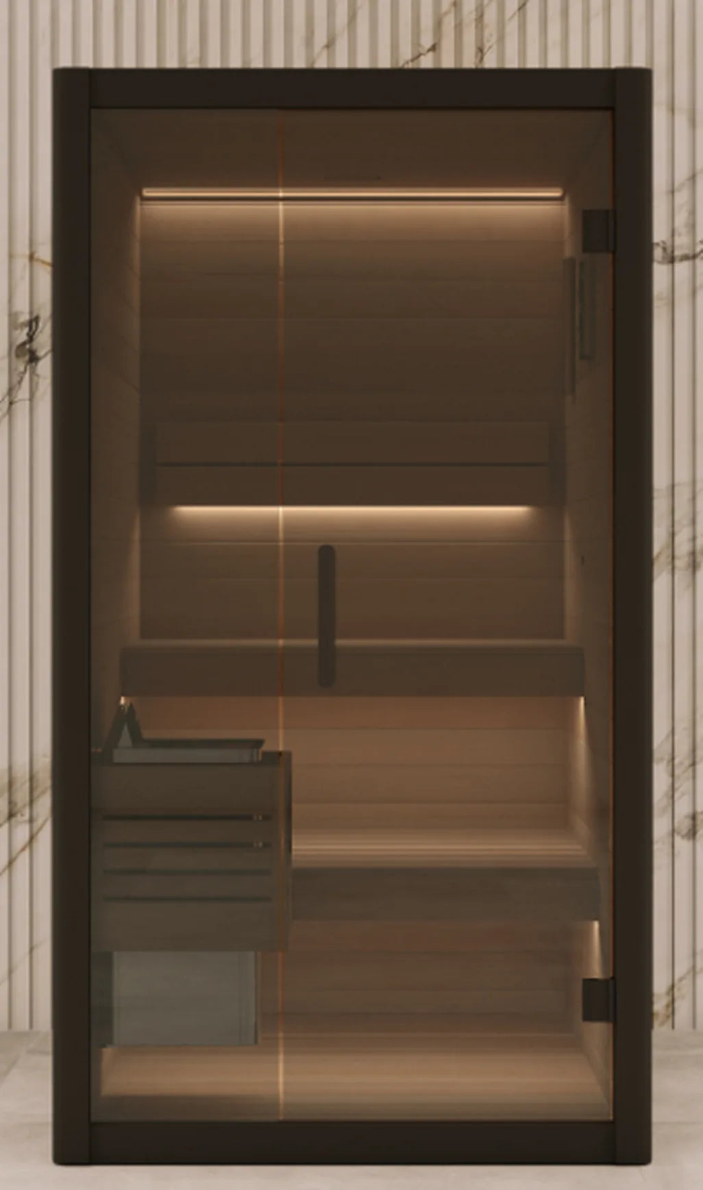 Peakspan Duo sauna interior with reclining backrest and bench lighting