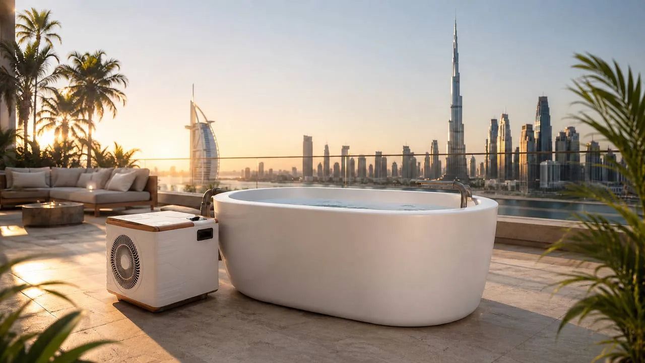 Ice bath on a rooftop terrace at sunrise