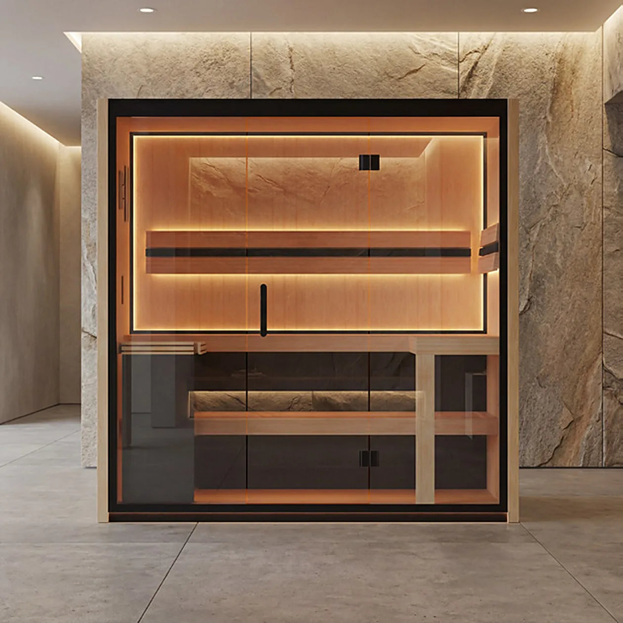 Peakspan infrared sauna in black aluminium and walnut
